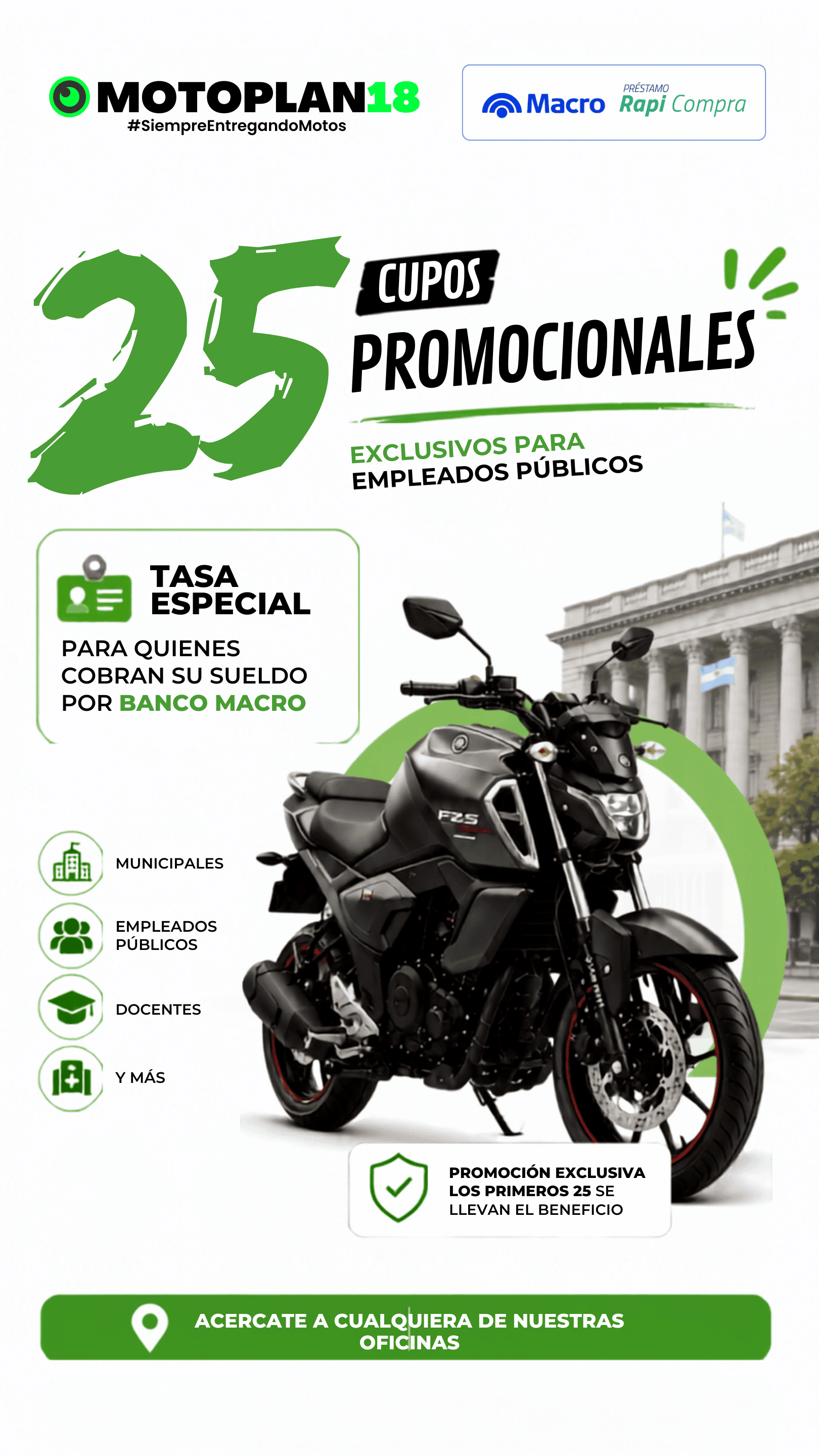 25 cupos promocionales exclusivos para empleados públicos, con tasa especial cobrando por Banco Macro